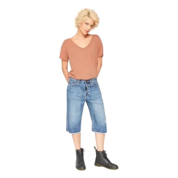 Free People X Sandrine Rose Jean Shorts Jorts Bermuda Hi-Rise Distressed 28 - Picture 1 of 9
